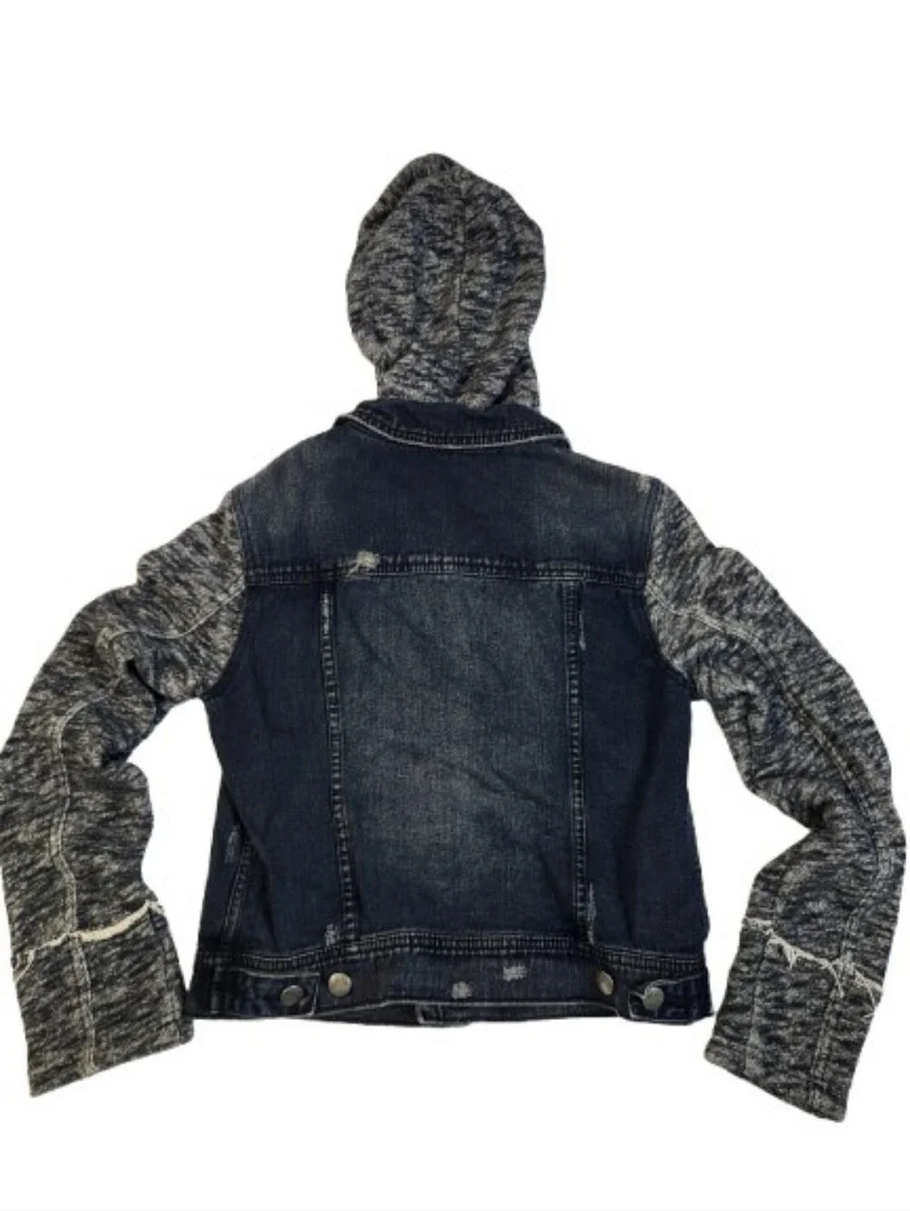 Free People Distressed Black Denim Mixed Knit Jacket Hoodie Boho Punk Small
